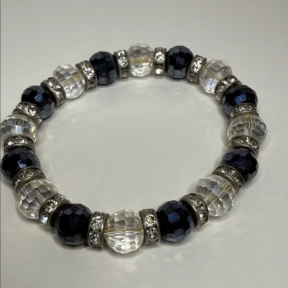 Reserved faceted glass disco ball navy clear Silver Beaded stretch